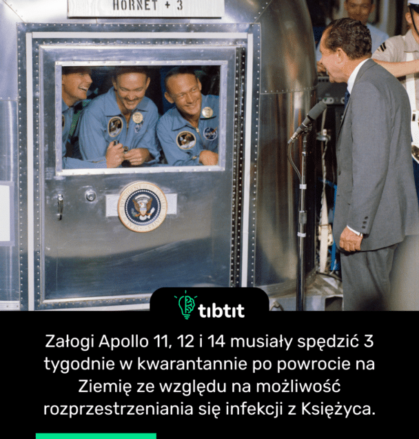 Załogi Apollo 11, 12 i 14 musiały spędzić 3 tygodnie w kwarantannie po powrocie na Ziemię ze względu na możliwość rozprzestrzeniania się infekcji z Księżyca.