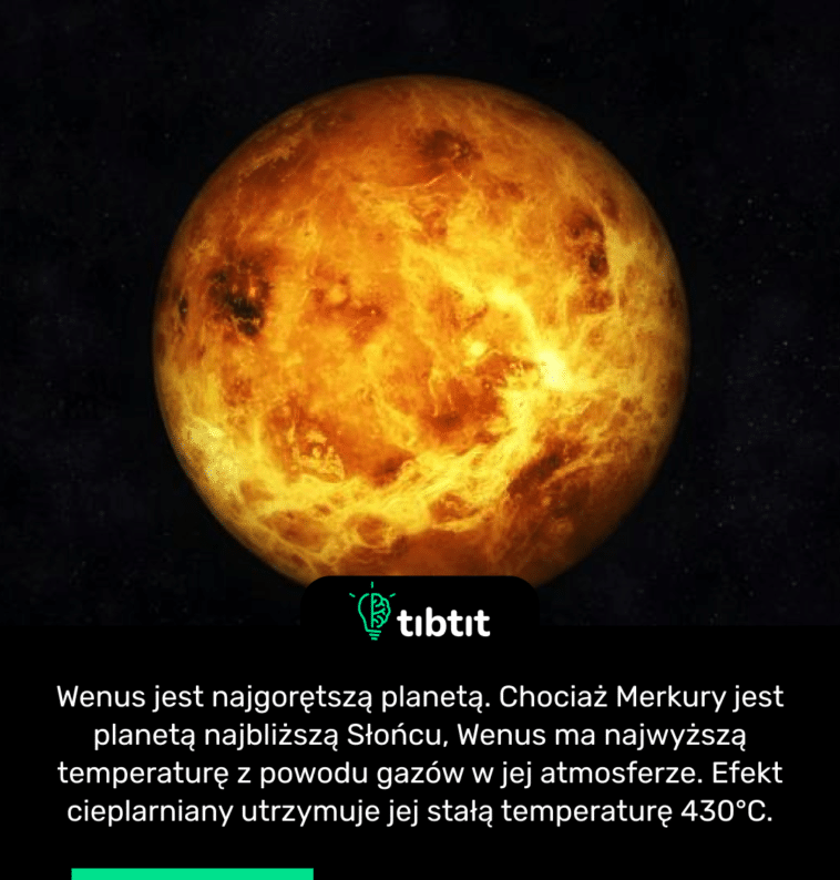 Wenus jest najgorętszą planetą. Chociaż Merkury jest planetą najbliższą Słońcu, Wenus ma najwyższą temperaturę z powodu gazów w jej atmosferze. Efekt cieplarniany utrzymuje jej stałą temperaturę 430°C.