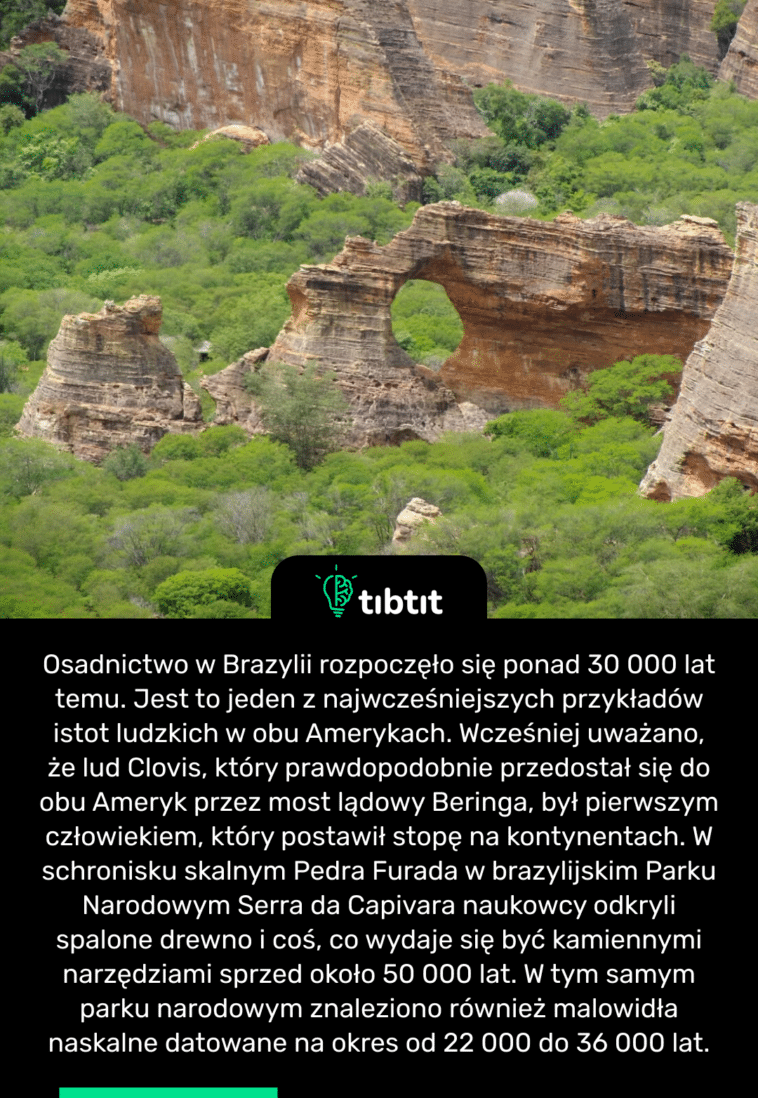 Osadnictwo w Brazylii rozpoczęło się ponad 30 000 lat temu. Jest to jeden z najwcześniejszych przykładów istot ludzkich w obu Amerykach. Wcześniej uważano, że lud Clovis, który prawdopodobnie przedostał się do obu Ameryk przez most lądowy Beringa, był pierwszym człowiekiem, który postawił stopę na kontynentach. W schronisku skalnym Pedra Furada w brazylijskim Parku Narodowym Serra da Capivara naukowcy odkryli spalone drewno i coś, co wydaje się być kamiennymi narzędziami sprzed około 50 000 lat. W tym samym parku narodowym znaleziono również malowidła naskalne datowane na okres od 22 000 do 36 000 lat.