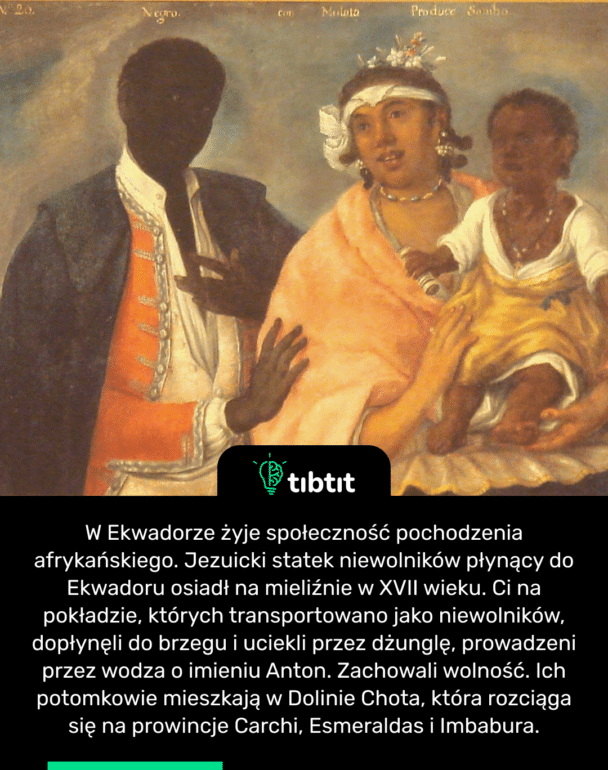 W Ekwadorze żyje społeczność pochodzenia afrykańskiego. Jezuicki statek niewolników płynący do Ekwadoru osiadł na mieliźnie w XVII wieku. Ci na pokładzie, których transportowano jako niewolników, dopłynęli do brzegu i uciekli przez dżunglę, prowadzeni przez wodza o imieniu Anton. Zachowali wolność. Ich potomkowie mieszkają w Dolinie Chota, która rozciąga się na prowincje Carchi, Esmeraldas i Imbabura.