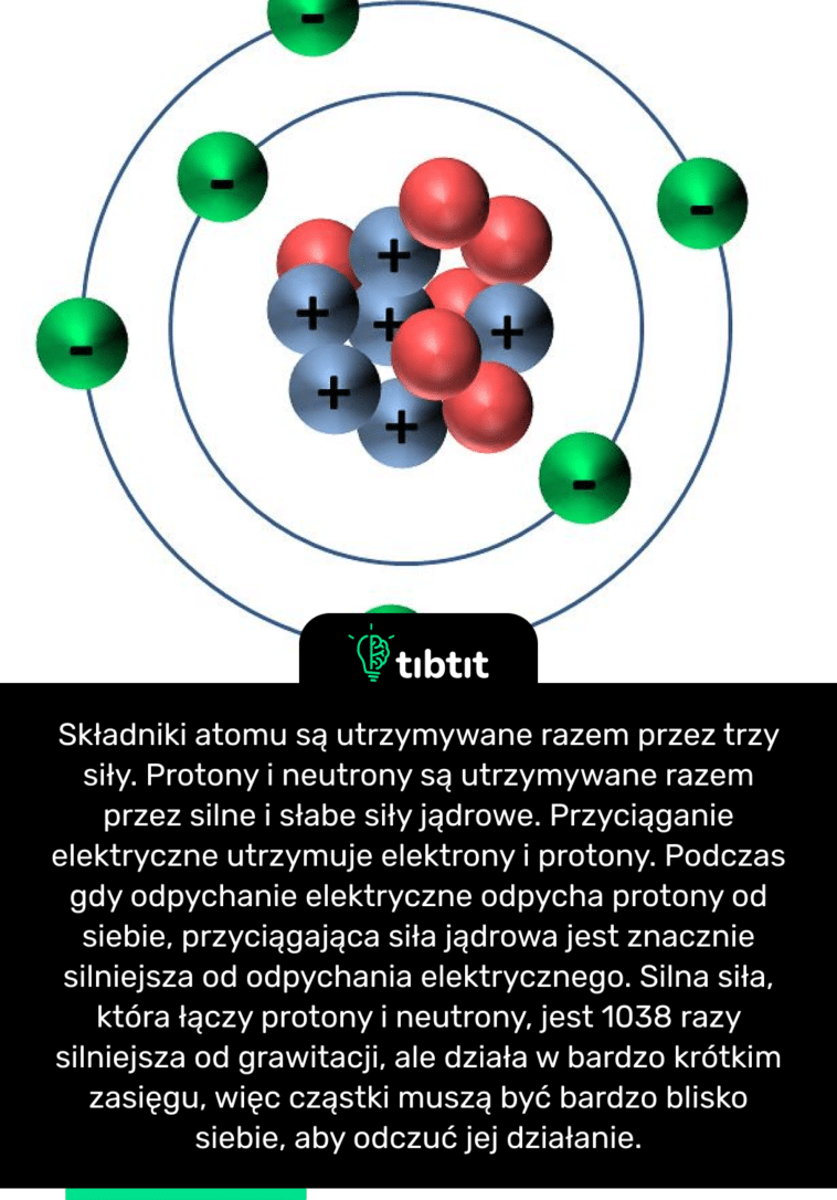 Składniki atomu są utrzymywane razem przez trzy siły. Protony i neutrony są utrzymywane razem przez silne i słabe siły jądrowe. Przyciąganie elektryczne utrzymuje elektrony i protony. Podczas gdy odpychanie elektryczne odpycha protony od siebie, przyciągająca siła jądrowa jest znacznie silniejsza od odpychania elektrycznego. Silna siła, która łączy protony i neutrony, jest 1038 razy silniejsza od grawitacji, ale działa w bardzo krótkim zasięgu, więc cząstki muszą być bardzo blisko siebie, aby odczuć jej działanie.