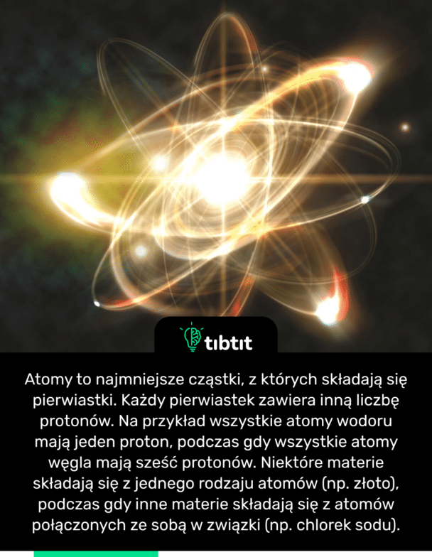 Atomy to najmniejsze cząstki, z których składają się pierwiastki. Każdy pierwiastek zawiera inną liczbę protonów. Na przykład wszystkie atomy wodoru mają jeden proton, podczas gdy wszystkie atomy węgla mają sześć protonów. Niektóre materie składają się z jednego rodzaju atomów (np. złoto), podczas gdy inne materie składają się z atomów połączonych ze sobą w związki (np. chlorek sodu).