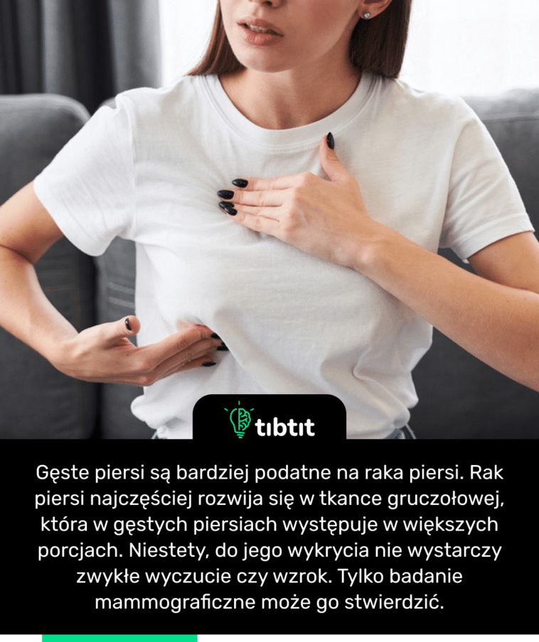 Gęste piersi są bardziej podatne na raka piersi. Rak piersi najczęściej rozwija się w tkance gruczołowej, która w gęstych piersiach występuje w większych porcjach. Niestety, do jego wykrycia nie wystarczy zwykłe wyczucie czy wzrok. Tylko badanie mammograficzne może go stwierdzić.