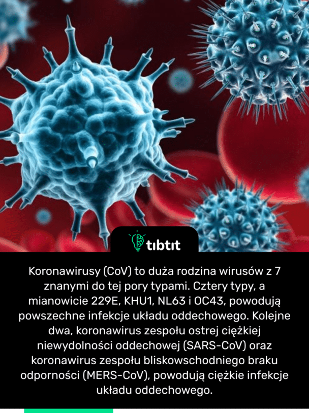 Koronawirusy (CoV) to duża rodzina wirusów z 7 znanymi do tej pory typami. Cztery typy, a mianowicie 229E, KHU1, NL63 i OC43, powodują powszechne infekcje układu oddechowego. Kolejne dwa, koronawirus zespołu ostrej ciężkiej niewydolności oddechowej (SARS-CoV) oraz koronawirus zespołu bliskowschodniego braku odporności (MERS-CoV), powodują ciężkie infekcje układu oddechowego.