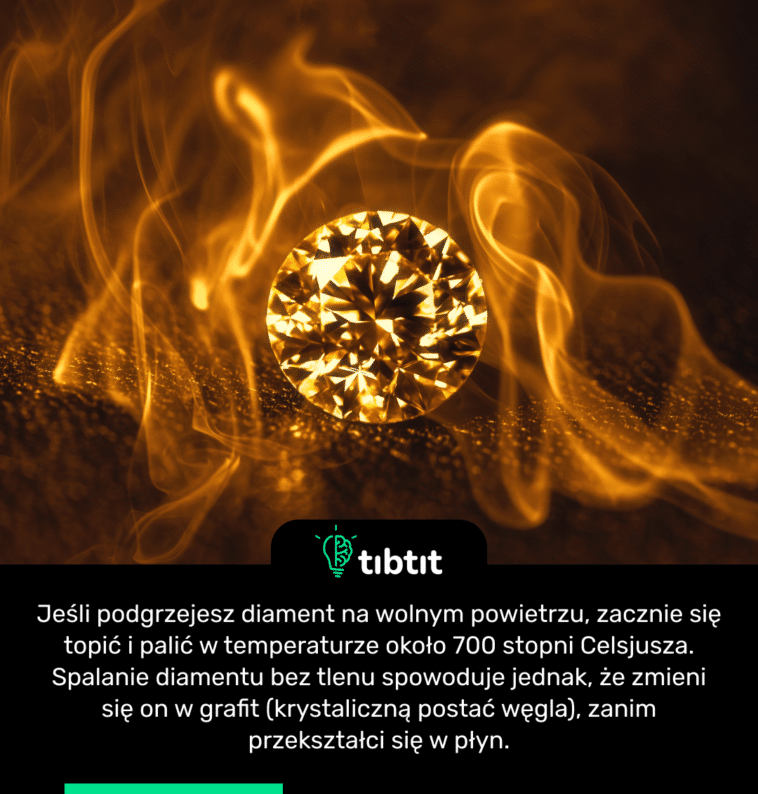 Jeśli podgrzejesz diament na wolnym powietrzu, zacznie się topić i palić w temperaturze około 700 stopni Celsjusza. Spalanie diamentu bez tlenu spowoduje jednak, że zmieni się on w grafit (krystaliczną postać węgla), zanim przekształci się w płyn.