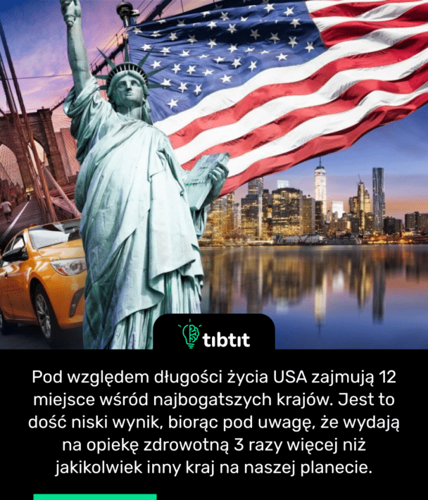 Pod względem długości życia USA zajmują 12 miejsce wśród najbogatszych krajów. Jest to dość niski wynik, biorąc pod uwagę, że wydają na opiekę zdrowotną 3 razy więcej niż jakikolwiek inny kraj na naszej planecie.