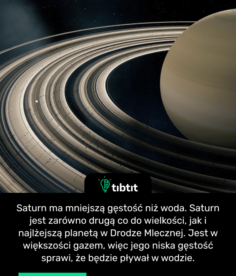 Saturn ma mniejszą gęstość niż woda. Saturn jest zarówno drugą co do wielkości, jak i najlżejszą planetą w Drodze Mlecznej. Jest w większości gazem, więc jego niska gęstość sprawi, że będzie pływał w wodzie.