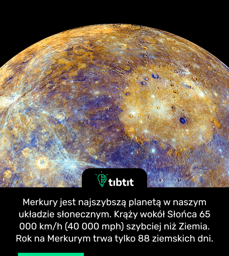 Merkury jest najszybszą planetą w naszym układzie słonecznym. Krąży wokół Słońca 65 000 km/h (40 000 mph) szybciej niż Ziemia. Rok na Merkurym trwa tylko 88 ziemskich dni.