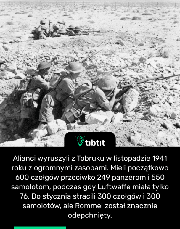 Alianci wyruszyli z Tobruku w listopadzie 1941 roku z ogromnymi zasobami. Mieli początkowo 600 czołgów przeciwko 249 panzerom i 550 samolotom, podczas gdy Luftwaffe miała tylko 76. Do stycznia stracili 300 czołgów i 300 samolotów, ale Rommel został znacznie odepchnięty.