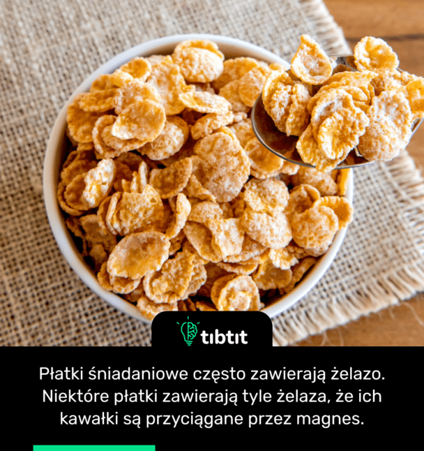Płatki śniadaniowe często zawierają żelazo. Niektóre płatki zawierają tyle żelaza, że ich kawałki są przyciągane przez magnes.