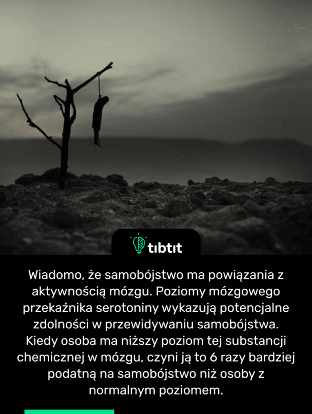 Wiadomo, że samobójstwo ma powiązania z aktywnością mózgu. Poziomy mózgowego przekaźnika serotoniny wykazują potencjalne zdolności w przewidywaniu samobójstwa. Kiedy osoba ma niższy poziom tej substancji chemicznej w mózgu, czyni ją to 6 razy bardziej podatną na samobójstwo niż osoby z normalnym poziomem.