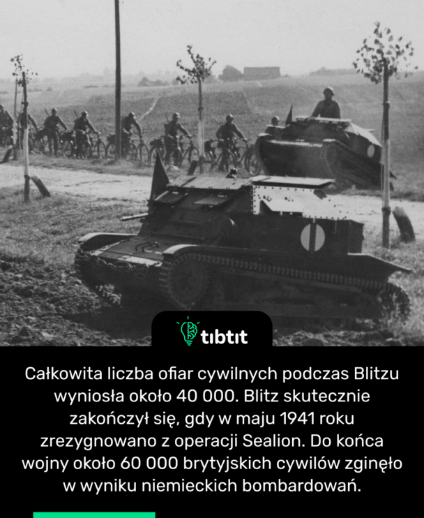 Całkowita liczba ofiar cywilnych podczas Blitzu wyniosła około 40 000. Blitz skutecznie zakończył się, gdy w maju 1941 roku zrezygnowano z operacji Sealion. Do końca wojny około 60 000 brytyjskich cywilów zginęło w wyniku niemieckich bombardowań.