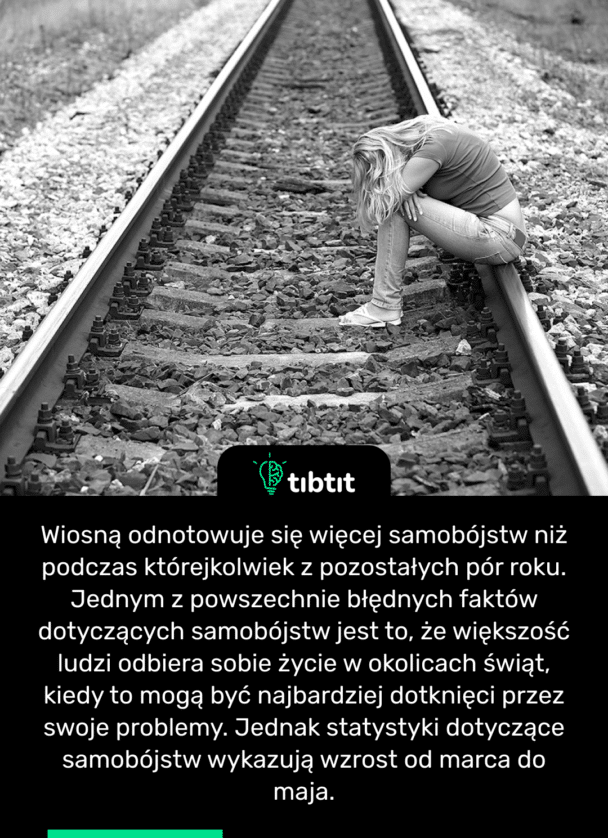 Wiosną odnotowuje się więcej samobójstw niż podczas którejkolwiek z pozostałych pór roku. Jednym z powszechnie błędnych faktów dotyczących samobójstw jest to, że większość ludzi odbiera sobie życie w okolicach świąt, kiedy to mogą być najbardziej dotknięci przez swoje problemy. Jednak statystyki dotyczące samobójstw wykazują wzrost od marca do maja.
